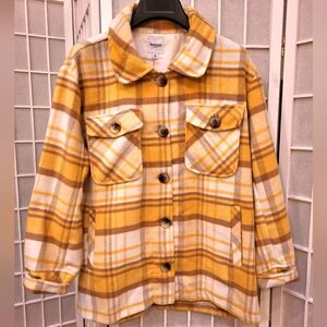 Kensie Jeans Fleece Plaid Shacket in Yellow & Cream, sz S